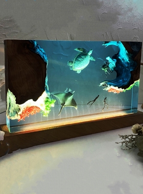 实木树脂海底世界景观海龟蝙蝠鱼蝠贲魔鬼鱼潜水员氛围小夜灯礼物