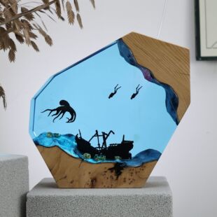 海底世界章鱼和潜水员沉船宝藏树脂小夜灯氛围灯摆件家居装饰礼物