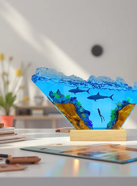 手作海底世界海浪造型大白鲨鱼潜水员树脂实木小夜灯氛围灯摆件