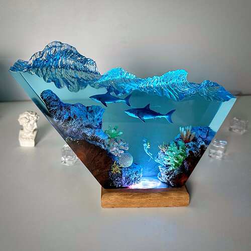 海底世界景观溶洞海浪造型大白鲨鱼潜水员珊瑚礁小夜灯床头灯摆件