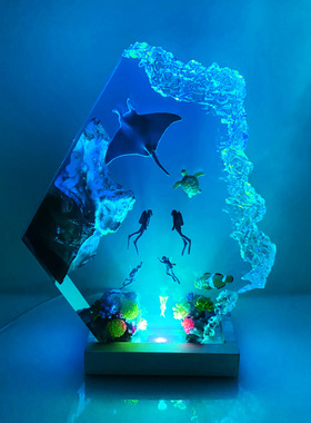 海底世界蝠鲼翻车鱼魔鬼鱼水母大海龟潜水员氛围灯小夜灯摆件礼物