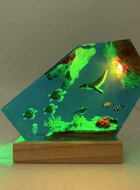 手作海底世界景观座头鲸魔鬼鱼海龟一家树脂实木小夜灯氛围灯摆件