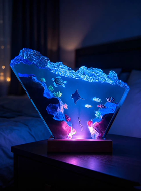 手作海底世界景观海龟魔鬼鱼潜水员树脂实木小夜灯氛围灯桌面摆件