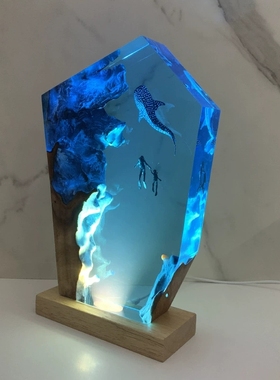 实木海底世界溶洞潜水员鲸鲨鱼氛围感小夜灯圣诞节日创意礼物摆件