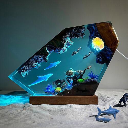 手工制作海底世界海豚海龟潜水员树脂小夜灯氛围灯床头灯摆件礼物
