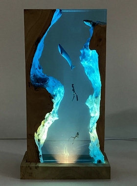 溶洞海底世界大海龟蓝鲸鲨鱼潜水员氛围小夜灯圣诞节日朋礼物摆件