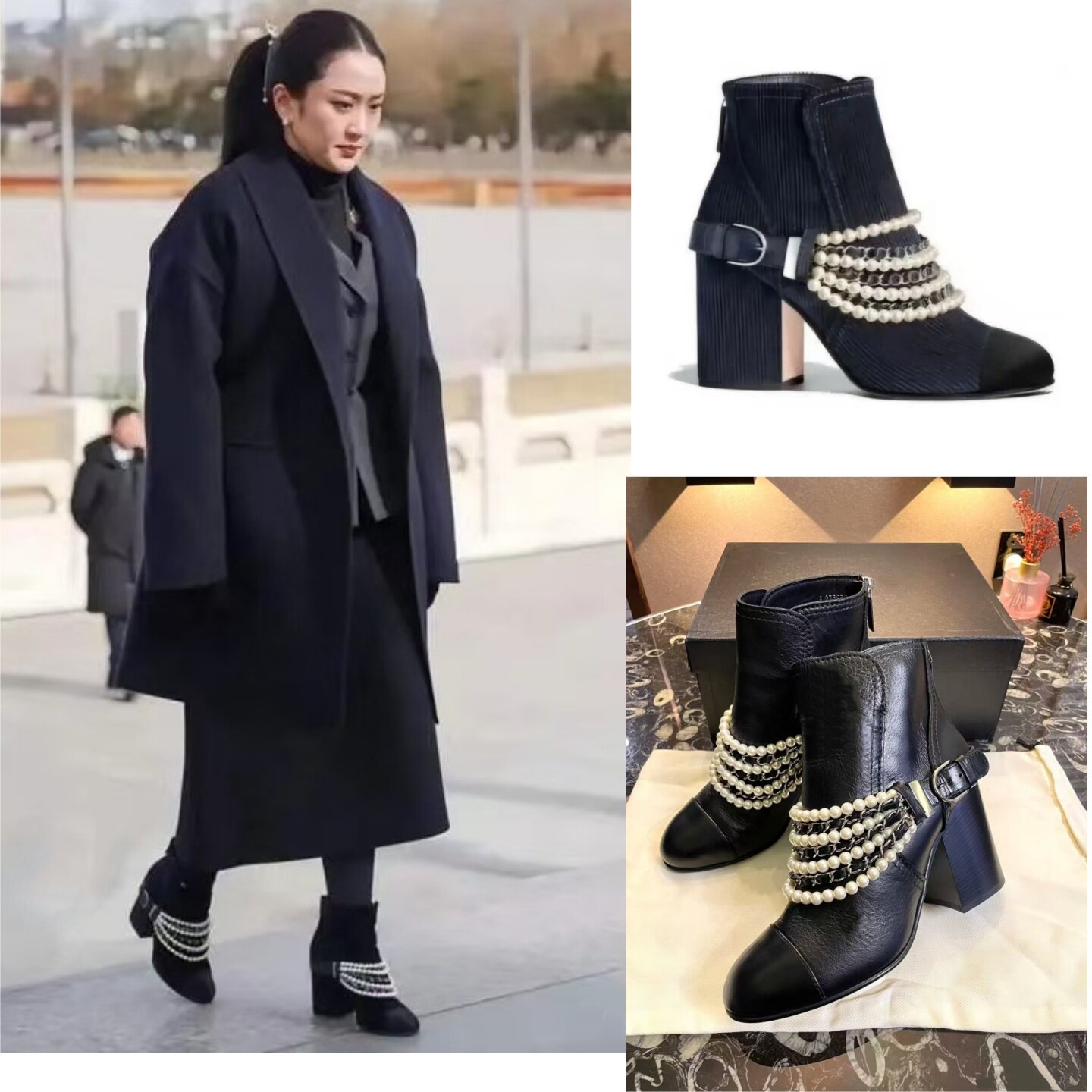 小香风短靴女法式高级感小短靴珍珠链条粗跟真皮靴超火绝美小跟鞋,女鞋,时装靴,淘宝优惠券,粉丝福利购,淘宝优惠卷