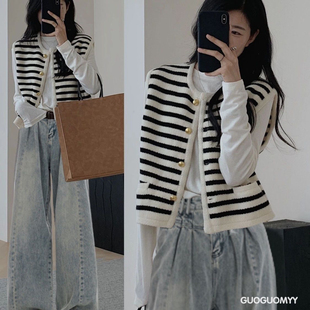 坎肩上衣 无袖 学院针织毛衣条纹马甲背心春秋秋季 2024小香风新款