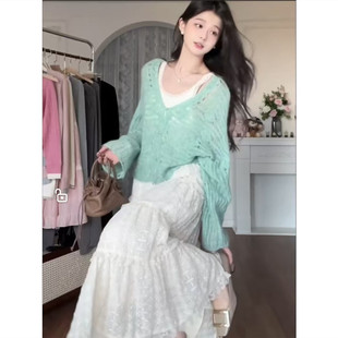 防晒新款 薄款 毛衣披肩春秋外套上衣 开衫 绿色镂空针织慵懒针织衫