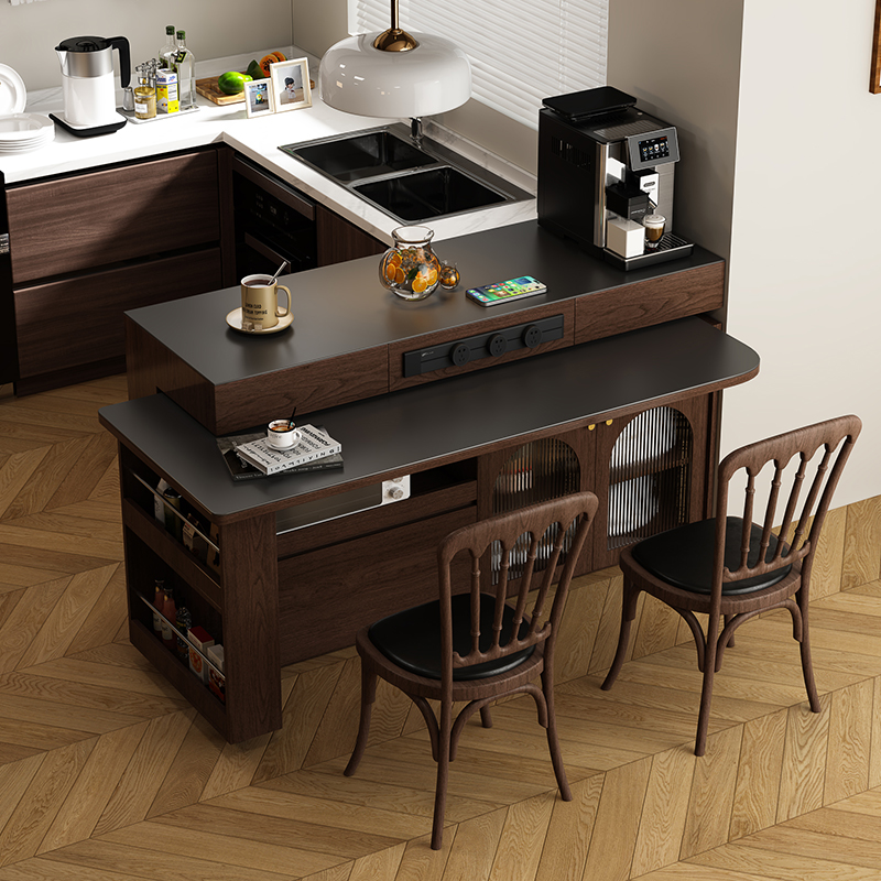 中古风实木可伸缩旋转岛台餐桌