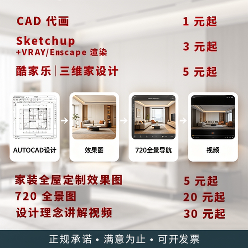 家装设计一站式全包 文案配音2D施工图3D效果图全景视频全含