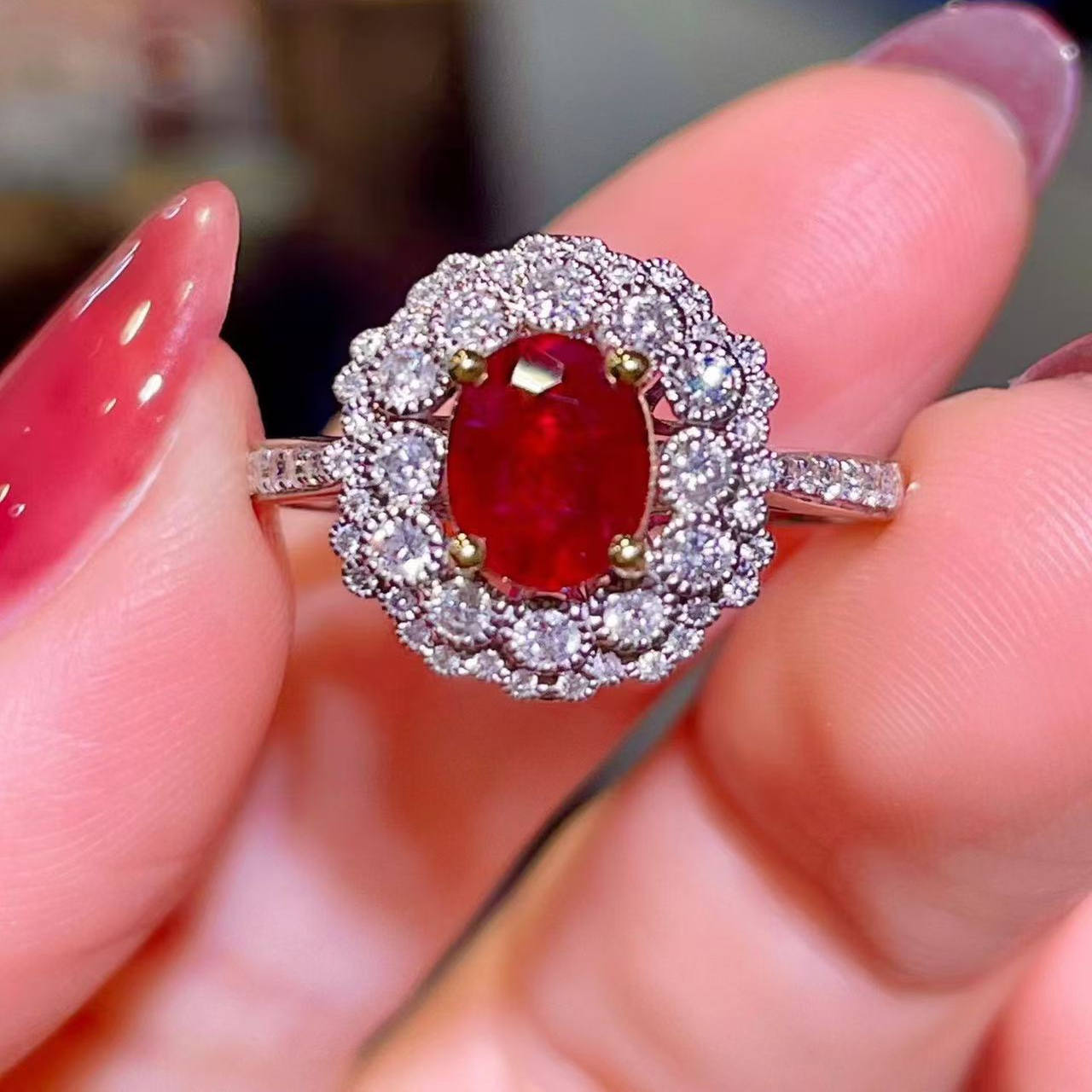 岚心珠宝18K白金1.14ct天然红宝石钻石戒指圈 百搭通勤奢华女戒子