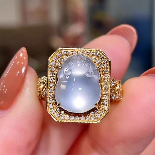 岚心珠宝18K黄金天然高冰翡翠貔貅戒指手环 钻石戒指圈 链条戒臂