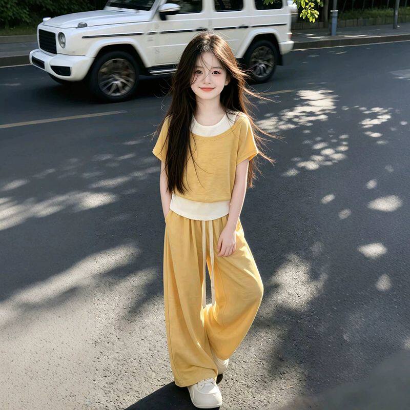 女大童夏季韩系假两件短袖套装图片