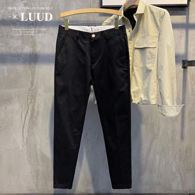 潮牌纯棉简约休闲裤韩版百搭锥形西裤男士纯色修身卡其小脚长裤子