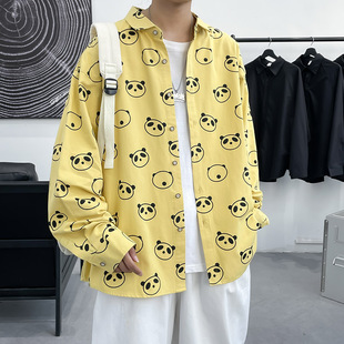 印花宽松衬衣春季 小伙子加肥加大熊猫寸衫 大码 衬衫 外套5X 长袖 男士