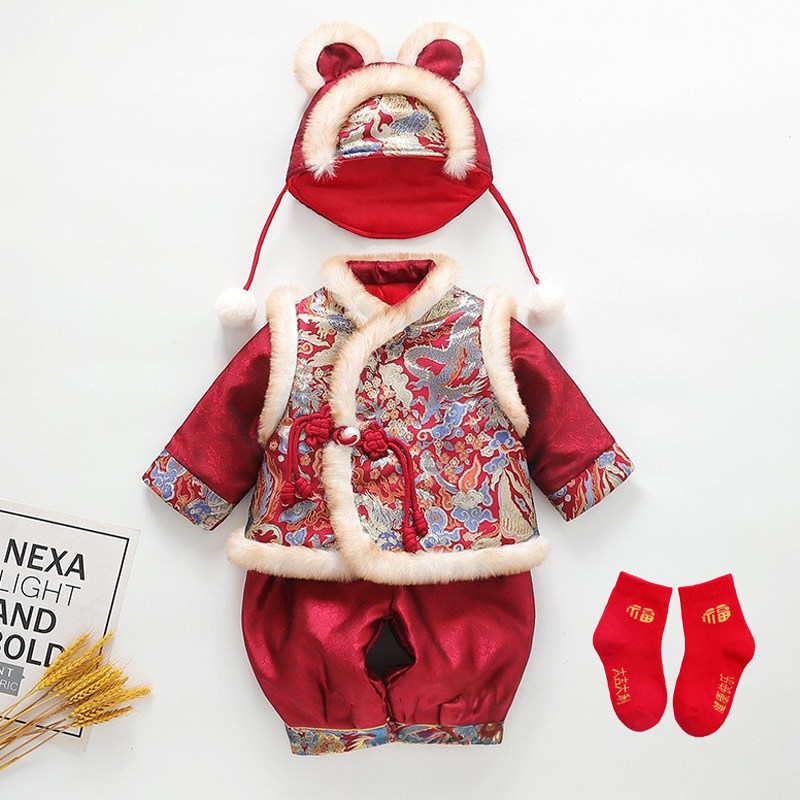 男女童红色龙凤唐装冬季加绒加厚保暖拜年服宝宝周岁礼服婴儿冬装