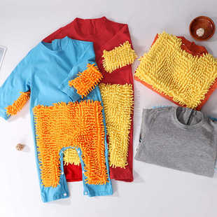 夏季薄款短袖婴儿拖把侠爬行服宝宝拖地爬爬服擦地板防脏连体罩衣