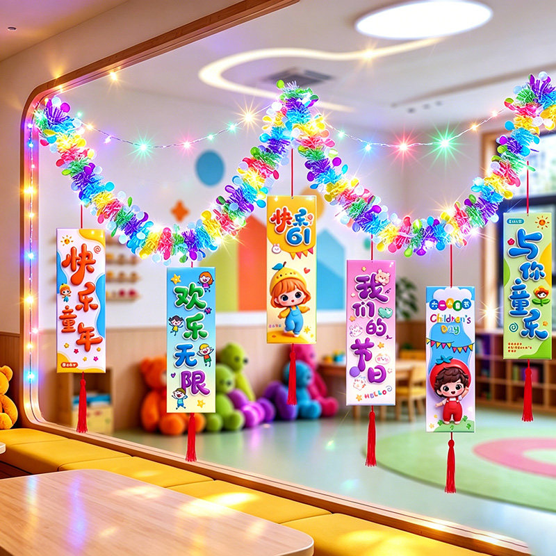 六一儿童节小学幼儿园窗户教室黑板布置彩色毛条场景装饰品挂吊饰