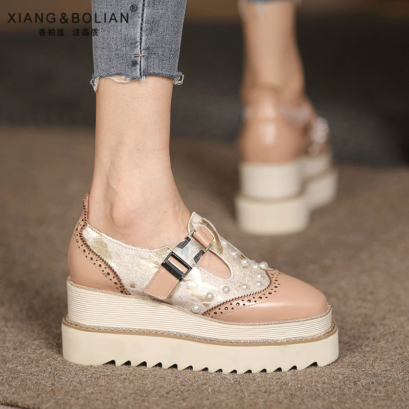 真皮7厘米高跟厚底单鞋马丁鞋2024秋冬新款珍珠平底松糕底小皮鞋