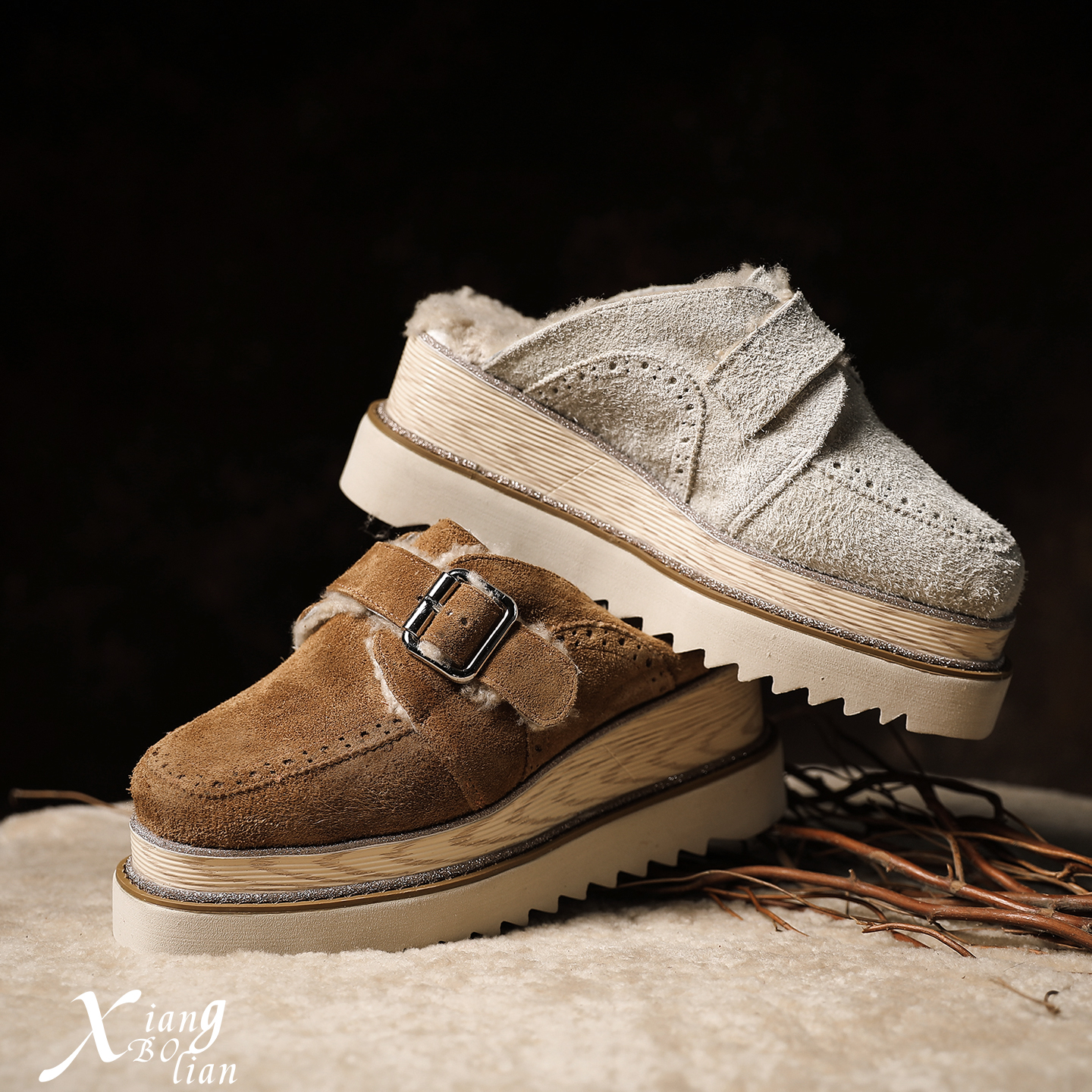 YANGDASHU坡跟厚底毛毛半拖鞋女