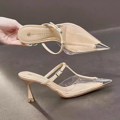 钎金鸟官方正品3371-5法式高端定制款漆皮尖头细跟一字带包头拖鞋