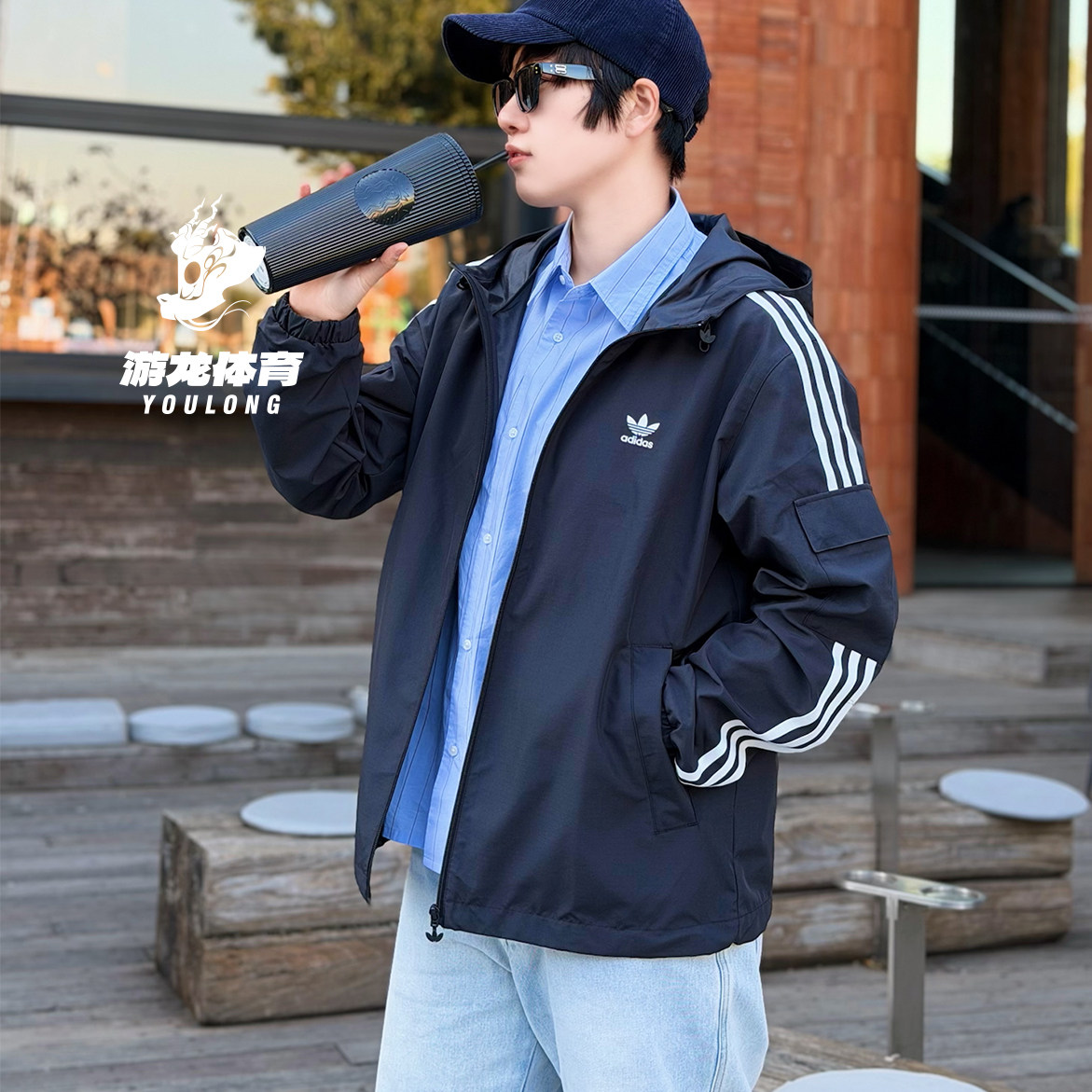 阿迪达斯adidas三叶草男女简约通勤百搭休闲连帽夹克外套 KB1945