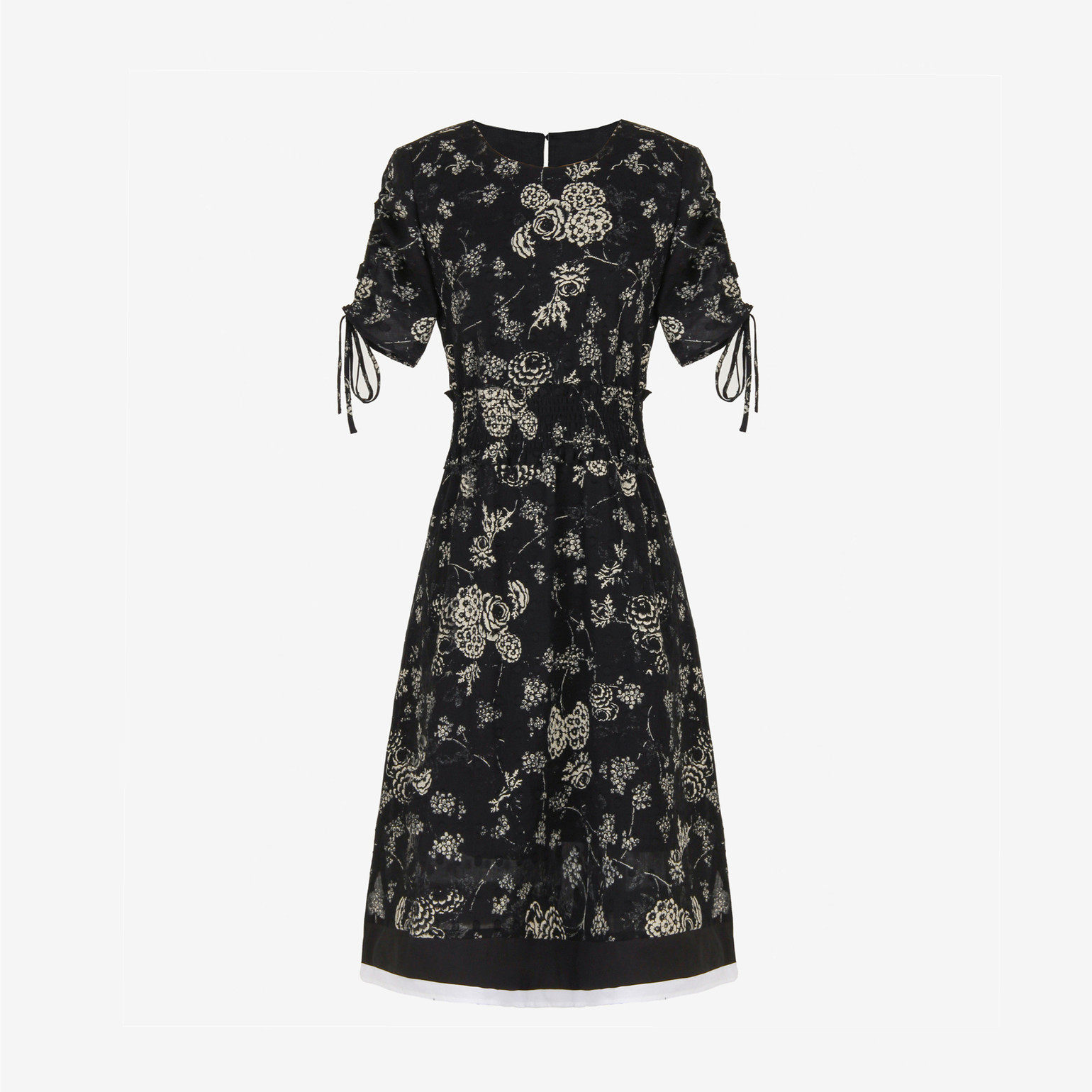 兰玫瑰大码女装舒适全棉剪花短袖连衣裙 弹力腰围撞色下摆长裙