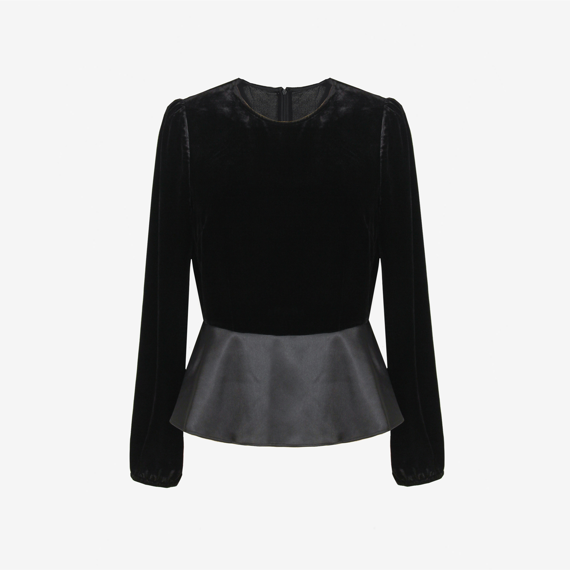 收腰通勤拉链长袖真丝丝绒拼接