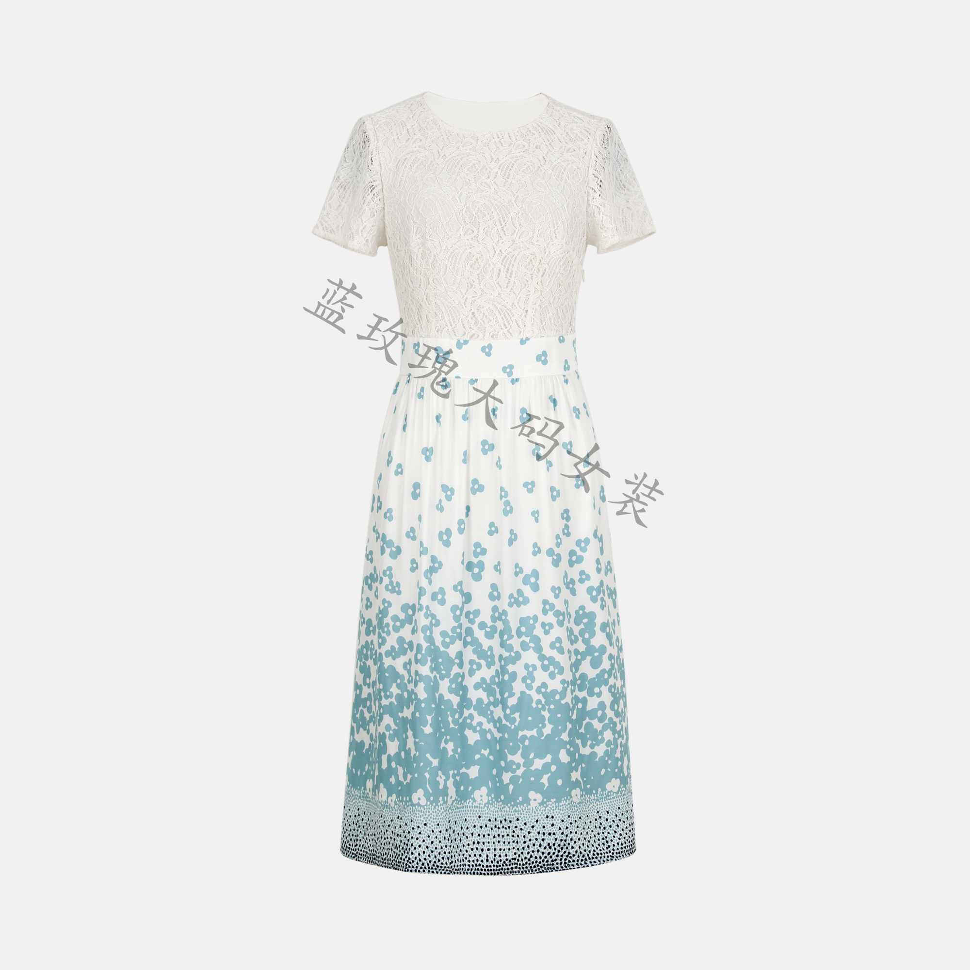 蓝玫瑰大码女装 小清新淑女短袖连衣裙 蕾丝拼接真丝斜纹定位印花