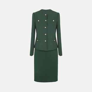 兰玫瑰大码女装客供仿醋酸斜纹套装气质松石绿圆领西装+一步裙