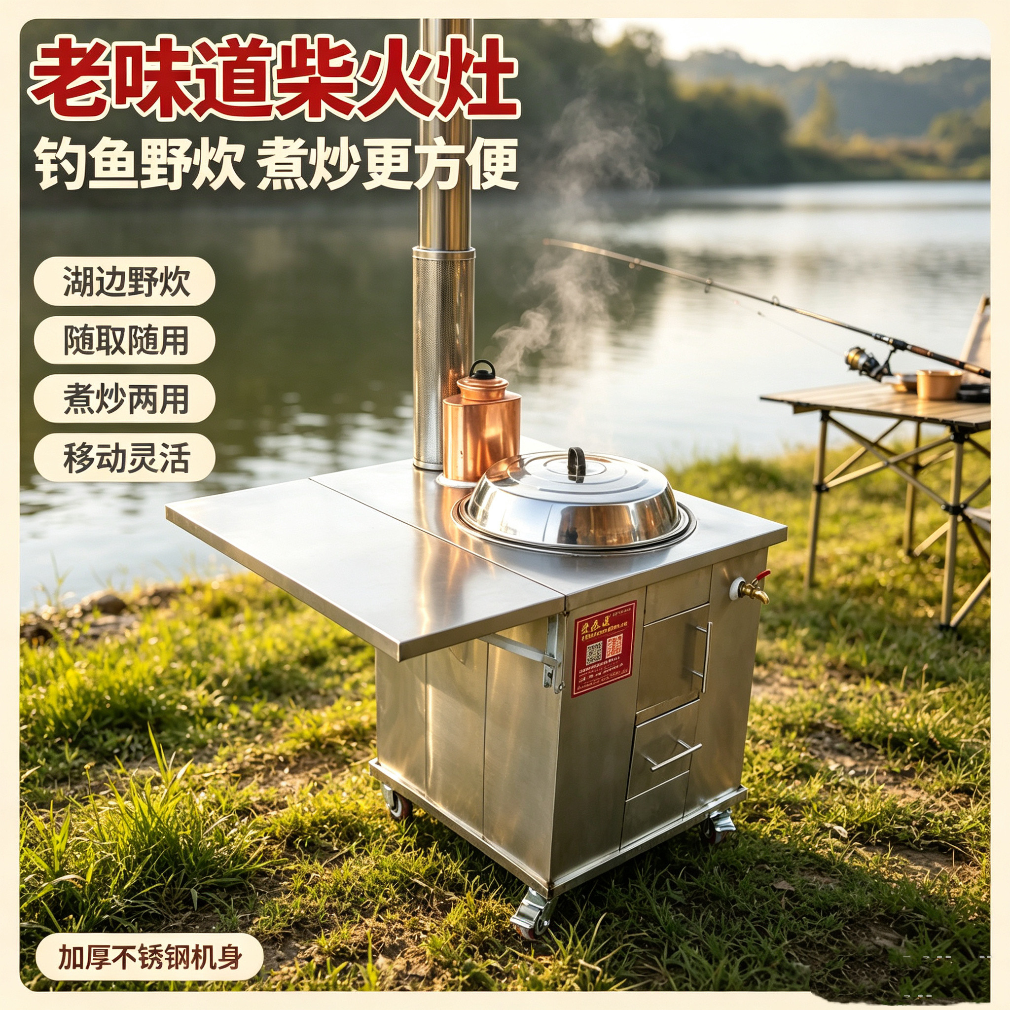 老味道柴火灶带铜壶烧开水的新式土灶台加厚304不锈钢移动省柴灶