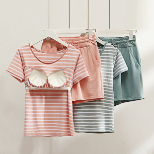 可外穿宽松条纹纯棉家居服套装 短裤 莫代尔短袖 带胸垫睡衣女夏薄款