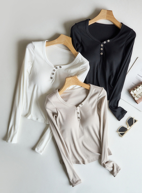 灰色v领纽扣长袖t恤女带胸垫2025新款美式复古修身内搭打底衫上衣