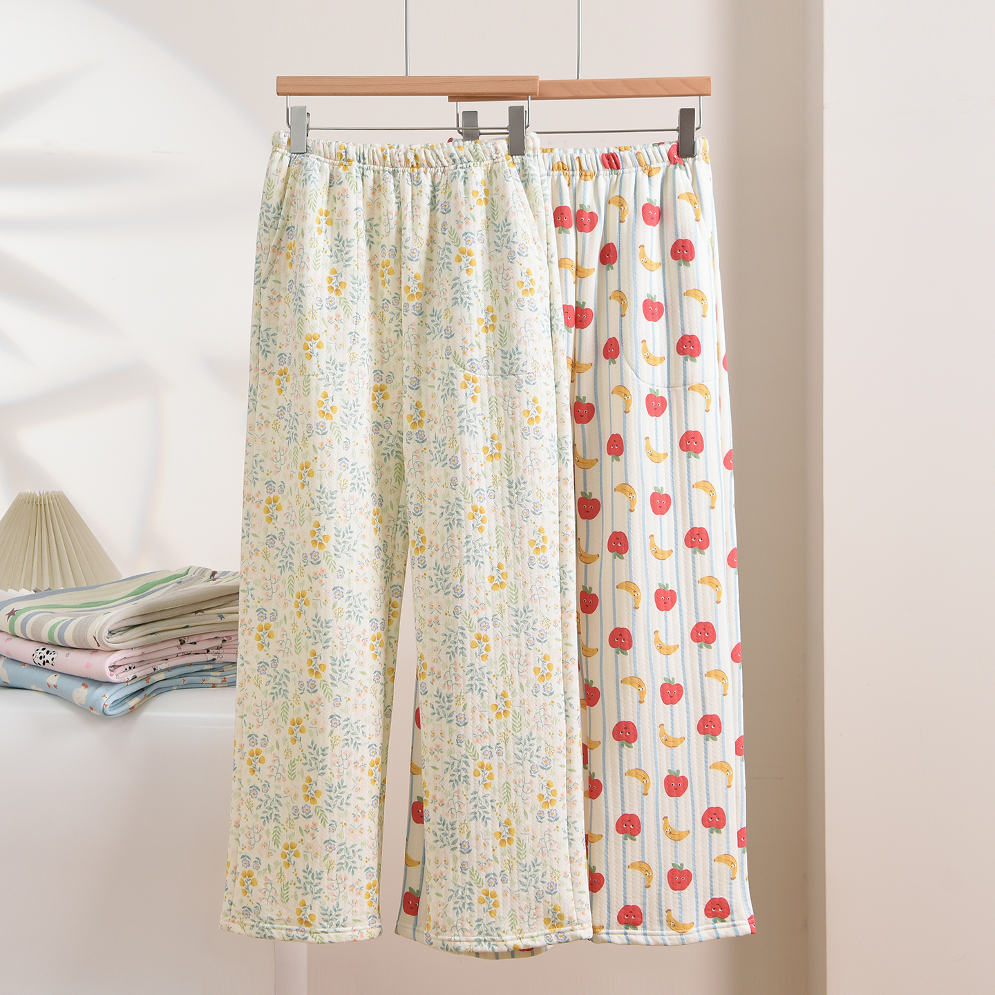 女士睡裤纯棉空气层夹棉家居长裤