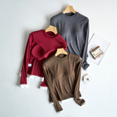 t恤女圆领撞色假两件修身 长袖 外穿内搭上衣 2025新款 带胸垫打底衫