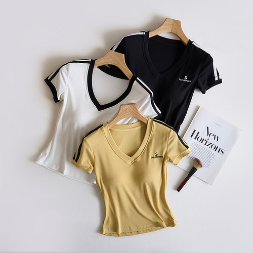 带胸垫V领t恤女免穿文胸短袖正肩