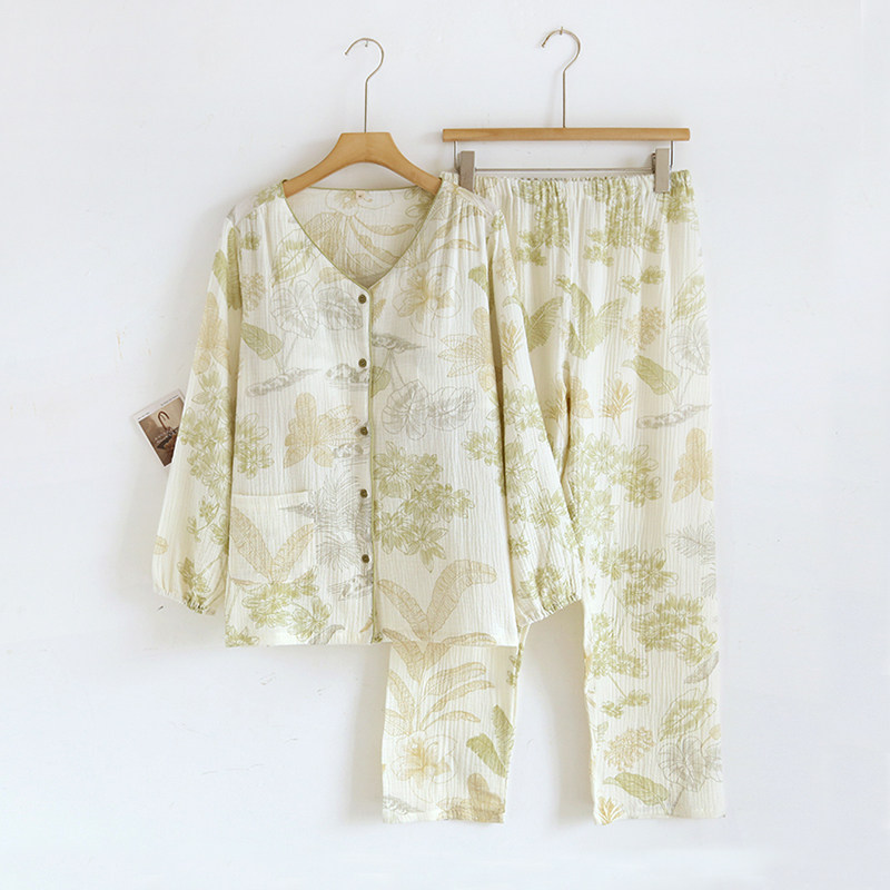 带胸垫睡衣女春秋季纯棉纱布薄款双层V领长袖长裤开衫家居服套装,女士内衣/男士内衣/家居服,睡衣/家居服套装,淘宝优惠券,粉丝福利购,淘宝优惠卷