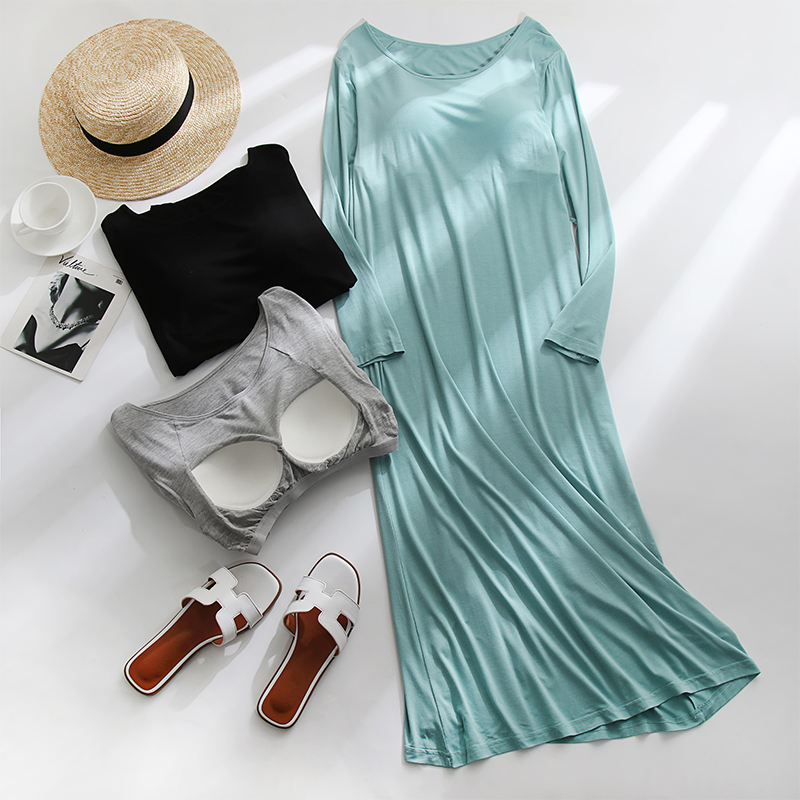 莫代尔带胸垫加长长袖睡裙春夏秋