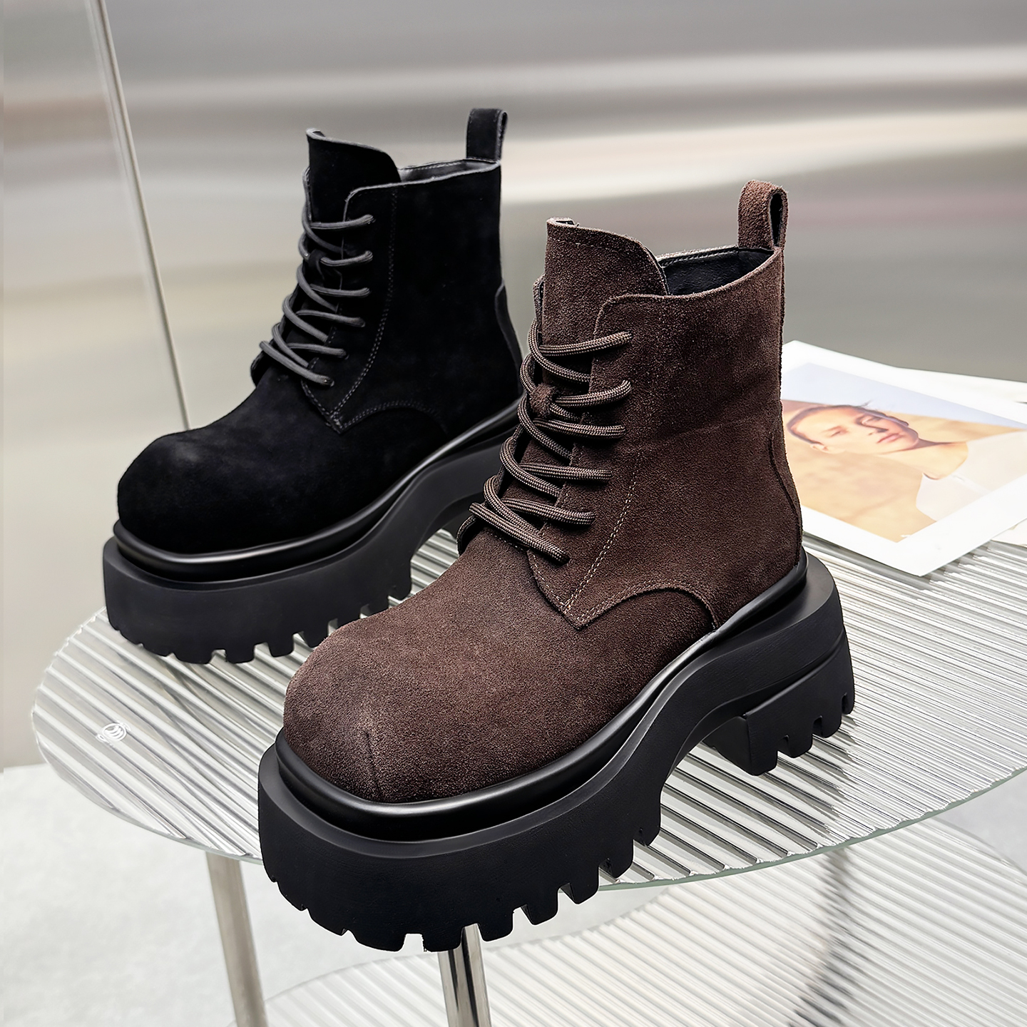 欧货翻毛皮大头马丁靴系带机车靴