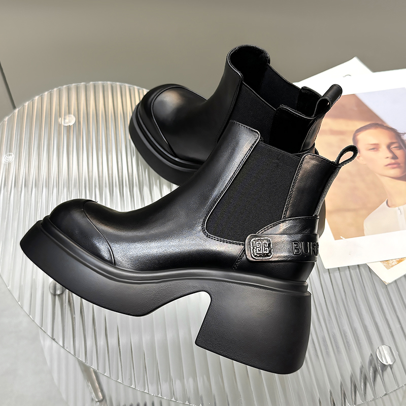 真皮松紧口英伦风增高切尔西靴女