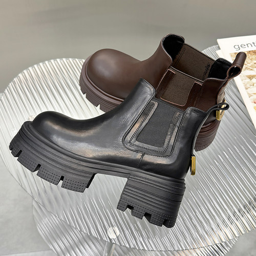 欧洲站胎牛皮粗跟加绒短靴马丁靴