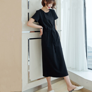 短袖 胖MM遮肉收腰显瘦休闲宽松大码 圆领纯棉连衣裙长裙 新款 夏季