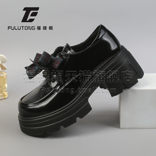 福禄桐厚底乐福鞋女黑色蝴蝶结小皮鞋英伦学院风小个子增高千金鞋