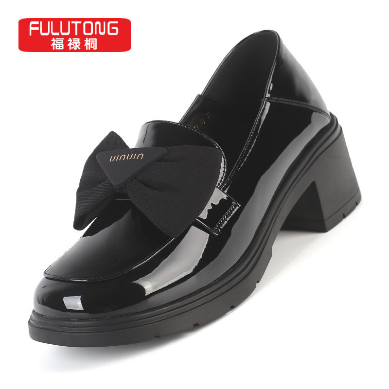福禄桐粗跟乐福鞋女秋季新款女鞋蝴蝶结软底黑色一脚蹬单鞋子女鞋