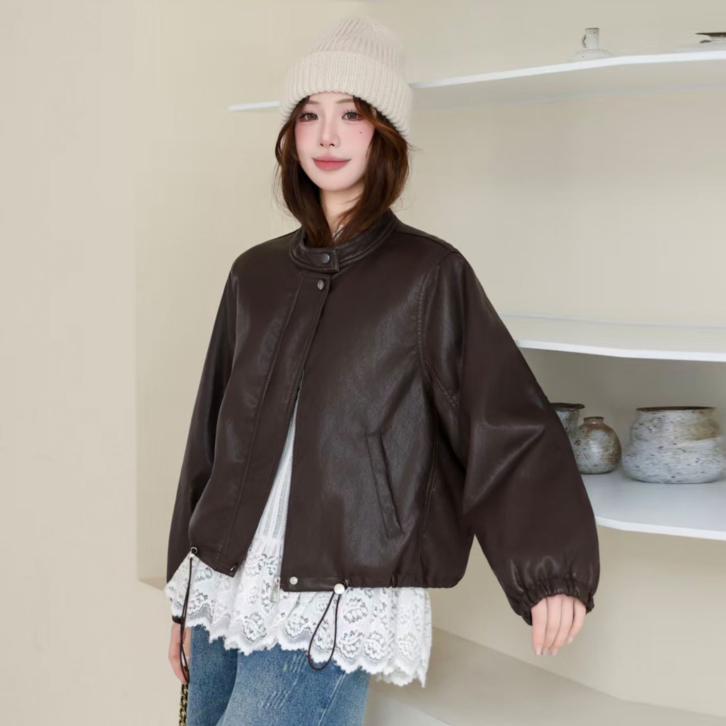 新款时髦休闲保暖PU皮棉衣