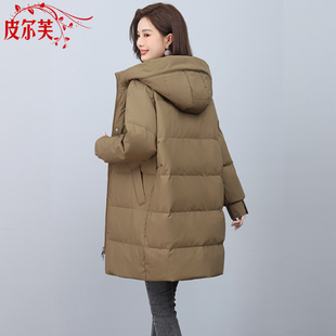 咖色高端加厚羽绒服女士冬季新款妈妈装宽松白鸭绒中长款连帽外套