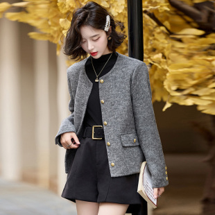 小香风灰色毛呢外套女2026秋冬新款高级感时尚流行妮子大衣小个子