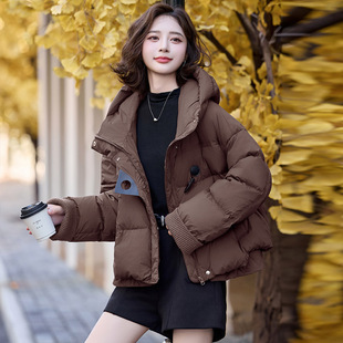 小个子女士保暖厚外套连帽2024冬季新款面包服短款咖色羽绒服女款