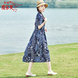 棉麻中长款碎花连衣裙2022夏季新款复古民族风减龄遮肚子妈妈裙子
